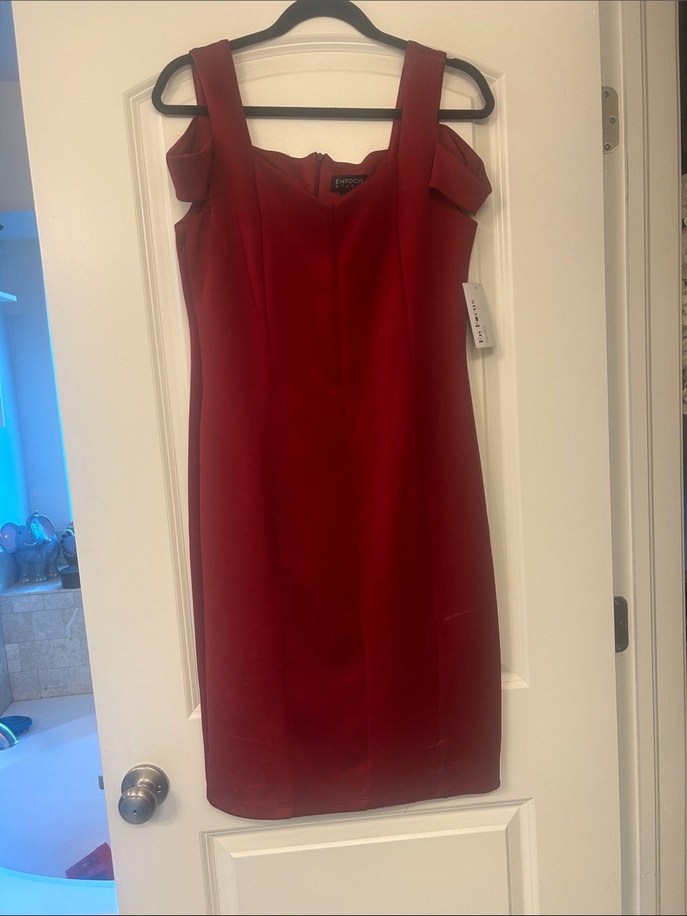 Enfocus Studio Red Off-Shoulder Midi Sheath Dress